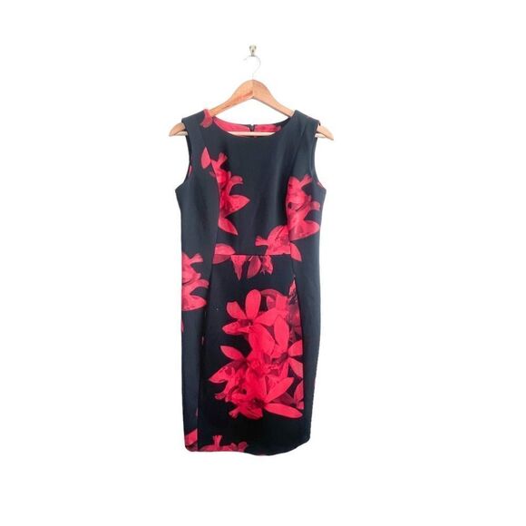 Jessica Dress Sleeveless Scuba Black Red Floral Women's 8 Stretch Back Zip - Picture 1 of 9